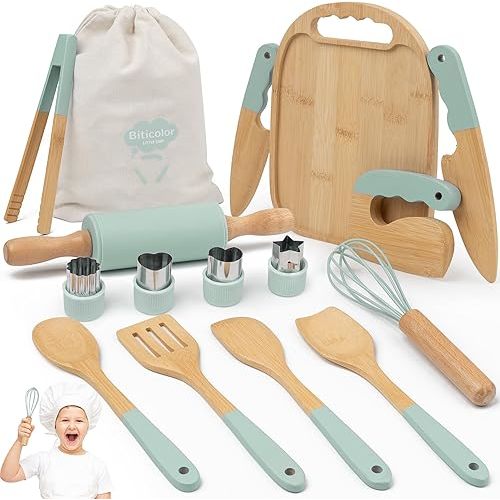 Wooden Kids Cooking Set Montessori Kit - Real Toddler Kitchen Tools & Baking Utensils - 15PCS Cooking Kit for Kids with Storage Bag, Great Gift for Pretend Play & Montessori Learning (Green)