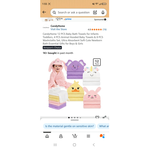 CandyHome 12 PCS Baby Bath Towels for Infants Toddlers, 4 PCS Animal Hooded Baby Towels & 8 PCS Washcloths Set, Ultra Absorbent Soft Cute Newborn Bath Essential Gifts for Boys & Girls