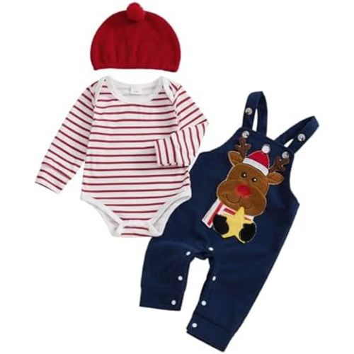 Rtnnsbbfcm My First Christmas Baby Boy Outfit Striped Romper + Gingerbread/Deer Overalls Pants Newborn Coming Home Outfits