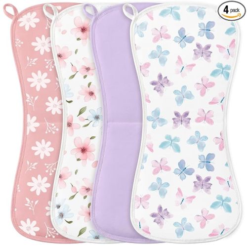 Burp Cloths Baby Girl, Large 21'' X 10'' Cotton Burping Cloths for Babies, Ultra Soft and Absorbent Burp Rags, 4 Pack Set Washcloths Newborn Spit Up Rags Purple Butterfly