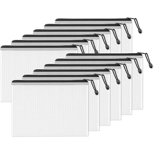 SUNEE Plastic Mesh Zipper Pouch 9.2x12.5 in (Black, 12 Packs)