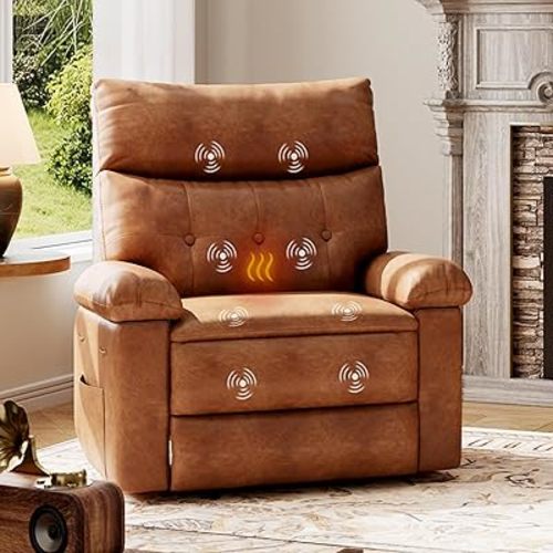 GarveeHome Oversized Leather Recliner Chair - Heat and Massage, Swivel Rocker Manual Recliner for Adults, Lazy Rocking Chair with Comfort Arms and Back Single Sofa for Living Room