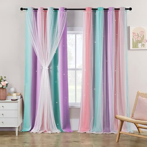 XiDi Girls Blackout Curtains 102 Inches Long for Bedroom, Room Darkening Grommet Window Ombre Curtains 2 Panel Sets, Kids Unicorn Princess Theme Decor Colorful Rainbow Design Pink Purple Green 34x102