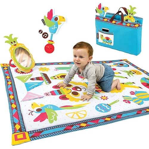 Yookidoo Baby Gym and Play Mat - 3 Stage Accessory Gym with Motorized Robot Track - 20 Development Activities - Age 0-12 Months (Fiesta Playmat)