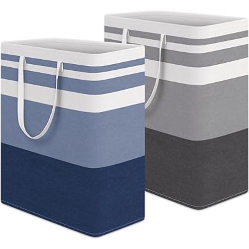 HomeHacks 2 Pack Large Laundry Baskets, Waterproof, Freestanding Laundry Hampers, Collapsible Clothes Hamper with Reinforced Handles in Laundry, College Dorm, Bathroom, Bedroom (Grey+Blue, 125Lx2)