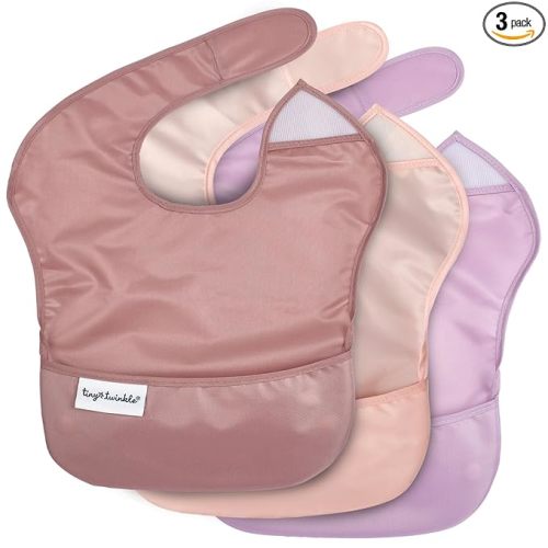 Tiny Twinkle Mess-Proof Baby Bibs for Eating | Waterproof, Wipeable Toddler Bibs with Catch-All Pocket | Feeding Bibs for Girls & Boys(3 Pack,Taupe, Rose)
