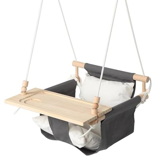 KINSPORY Toddler Swing with Soft Cushion, Safety Buckle & Detachable Tray, Adjustable 57~71'' Canvas Baby Swing, High Back Infant Seat for Children' Room, Backyard, Playground Set (Grey)