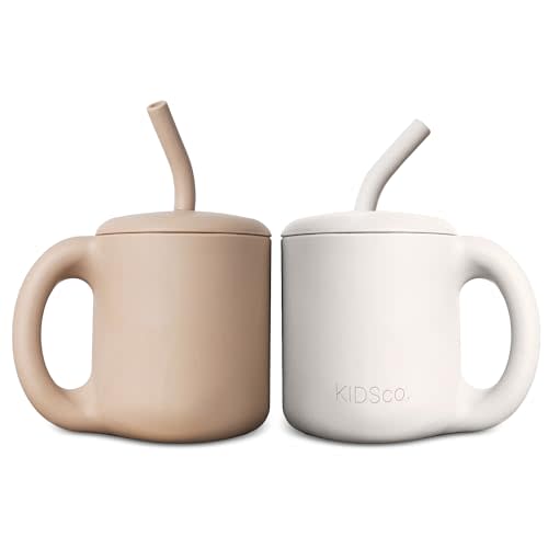 KIDSco. Silicone Sippy Cups with an Easy Grip Transition Handle, Secure Lid and Straw. A Non Toxic No Spill Unbreakable Training Cup. 150ml/5oz |2-PACK Oat and Tan|
