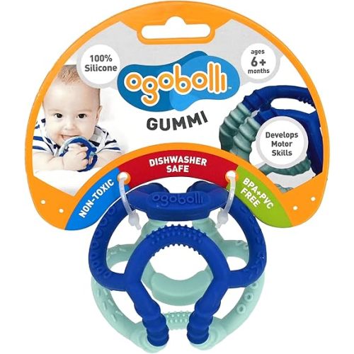 OgoBolli Gummi Teether Ring Textured Sensory Ball Toy for Babies & Toddlers - Stretchy, Soft Non-Toxic Silicone - Boys and Girls Age 6+ Months - Blueberry