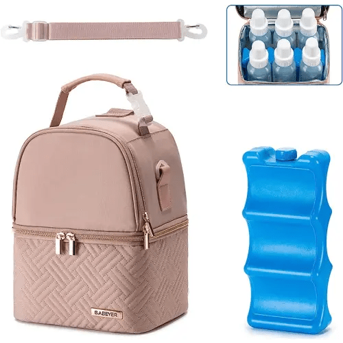 Breastmilk Cooler Bag with Ice Pack Fits 6 Baby Bottles up to 9 Ounce, Breast Milk Pump Cooler Bag with Shoulder Strap for Nursing Mom Daycare, Work, Travel- Pink