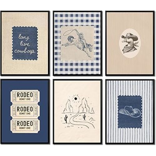 HUUHNETL 6Pcs Blue Western Cowboy Poster Wall Art Vintage Nursery Decor Picture Wall Decor Baby Boy Nursery Retro Cowboy Canvas Print Artwork for Bedroom Living Room Dorm Boy Room Home Decoration