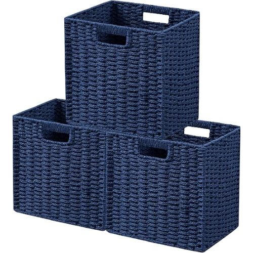 UBBCARE 3 Pack Wicker Basket, 11L×11H×10.5W inch Woven Paper Rope Storage Baskets for shelves, Foldable Cube Storage bin with Handle, Storage Basket for Organizing & Decor, Navy Blue
