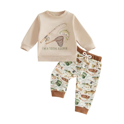 Kupretty Toddler Baby Boy Clothes Fishing Outfit Sweatshirt Pants Set | 6 12 18 24 Month 2T 3T 4T Clothes Fall Winter Long Sleeve Fish Pullovers Fishing Joggers