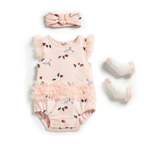 Minicoco Baby Girl Bodysuits Romper with Lace Trim Super Cute One-piece Clothes with Socks and Hairbands