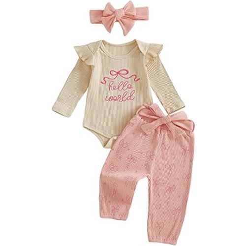 Twopumpkin Newborn Outfit Preemie Clothes 0 3 6 Month Baby Girl Coming Home Outfits Ribbed Romper And Pants Headband Gift Set