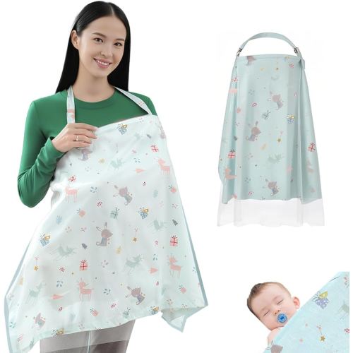 100% Cotton Nursing Cover with Support Ring & Mesh Layer, Breathable Nursing Cover Up for Breastfeeding, Adjustable Arch Neckline Breastfeeding Apron for Women (Green, Qionglin Green Sea)