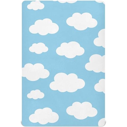 Fitted Crib Sheets Blue and White Cloud Stretchy Portable Playard Sheets for Baby Toddler, Breathable Soft Mini Crib Mattress 52 x 28 in for Boys and Girls