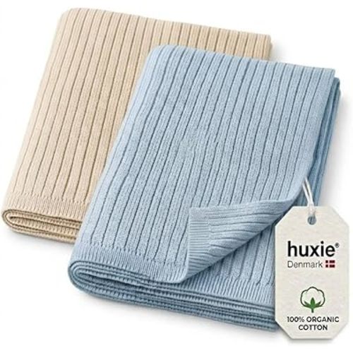 100% Organic Cotton Knit Receiving Baby Boy Blanket for Newborns - Soft, Breathable Blanket for Crib & Stroller - Nursery Gift 2-Pack (Ribbed Fog/Baby Blue).