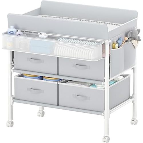 BOLUO Baby Changing Table with 4 Drawers, Waterproof Diaper Changing Station with Storage, Adjustable Height Baby Changing Station for Mobile Nursery Grey