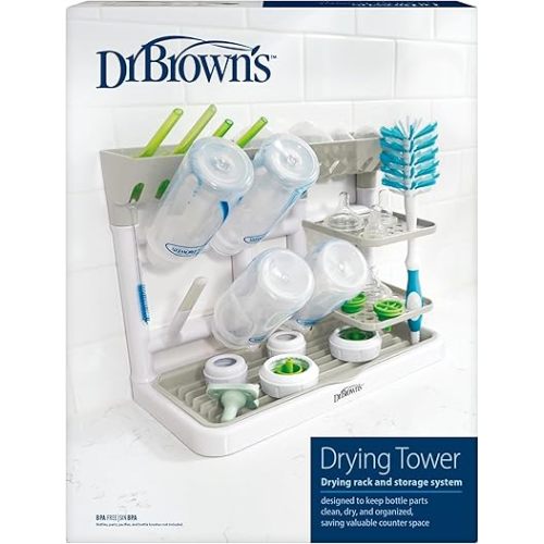 Dr. Brown's Drying Tower, Stand-Up Drying Rack, Countertop Baby Bottle Drying with Organized Storage for Baby Essentials, Space Saving Vertical Rack, Gray