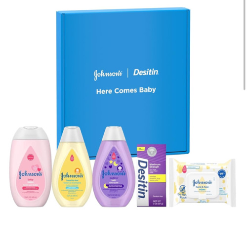 Johnson's Baby Here Comes Baby Gift Set, Baby Essentials for New Parents with Moisturizing Lotion, Bedtime Bath, Body Wash & Shampoo, Hand & Face Wipes, & Diaper Rash Cream, 5 Items