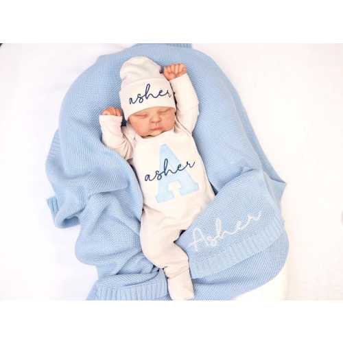 Personalized Baby Boy Set, Oat Romper with Hat with Light Blue Blanket, Custom Embroidered Name, Newborn Outfit, Blanket, Baby Shower Gift