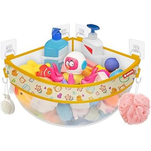 UNEEDE 4.32 Gallons Duck Print Corner Mounted Bath Toy Storage Holder, Yellow Mesh Shower Caddy for Bathtub Organizer, Quick Dry Holder