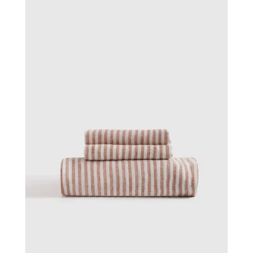 100% European Linen Fitted Sheet Set in Terracotta/White Stripe
