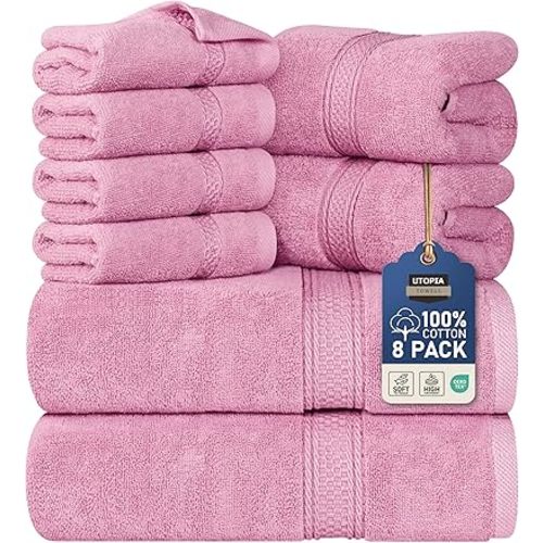 Utopia Towels 8 Piece Premium Towel Set, 2 Bath, 2 Hand, and 4 Wash Cloths, 600 GSM 100% Ring Spun Cotton, Highly Absorbent Towels for Bathroom, Gym, Hotel, and Spa, Pink