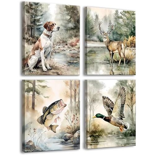 Frimeeme Framed Farmhouse Hunting Animal Wall Art Canvas Prints for Kids Nursery Boy Room, Dog Deer Fish Duck Watercolor Decor, 8x10 Inch, Set of 4