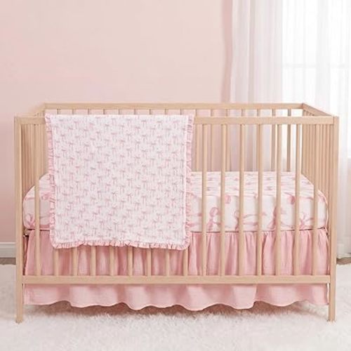 Breling 3 Piece Pink Bow Baby Crib Bedding Set for Girls Coquette 100% Cotton Muslin Fitted Sheet Quilt Bed Skirt Standard 52''x 28'' Crib for Newborn Nursery