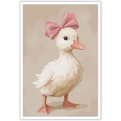 CRTDYQU Duckling Wall Art with Pink Bow – Nursery Poster for Baby Girl Room Decor Cute Animal Print for Kids Room Posters Aesthetic Family Wall Decor Prints 12X18 in Unframed