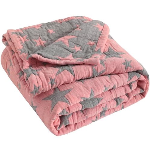 NTBAY 3 Layer Muslin Toddler Blanket, 30 x 40, Red and Black Star | Breathable Muslin Cotton Outer Layers with Light Thermal Fill, Reversible for Stroller, Daycare, Travel, and Supervised Use