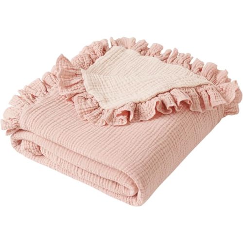 Konssy 100% Cotton Muslin Baby Blanket with Ruffle Trim for Girls, 43"x39"