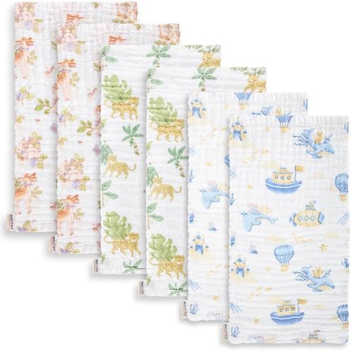 Maliton Muslin Baby Burp Cloths 20" x 10" - Large, 6-Layer, Ultra Absorbent 100% Cotton for Baby Drool & Messes, Soft, Pack of 6, Safe & Gentle Baby Rags for Boys & Girls - Floral