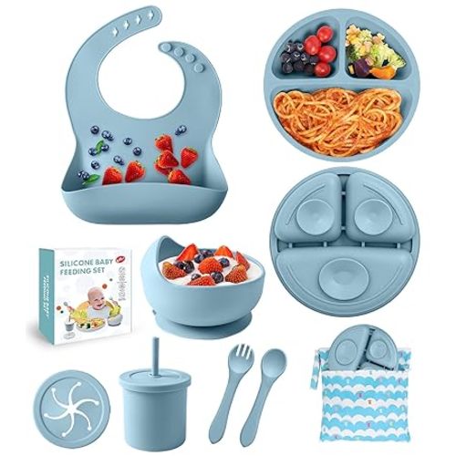 Silicone Baby Feeding Set, 10 Pcs Baby Led Weaning Supplies Baby Eating Essentials Set with Suction Bowl Divided Plate Adjustable Bib Soft Spoon Fork Cup with Lid Drinking Cup, Travel Bag (Blue)