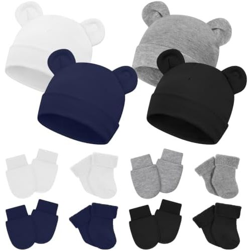 Cuffbow 4 Pcs Preemie Baby Hats Mittens and Socks Set Newborn Cotton Warm Socks for Premature Newborn Baby Nicu Girls Boys