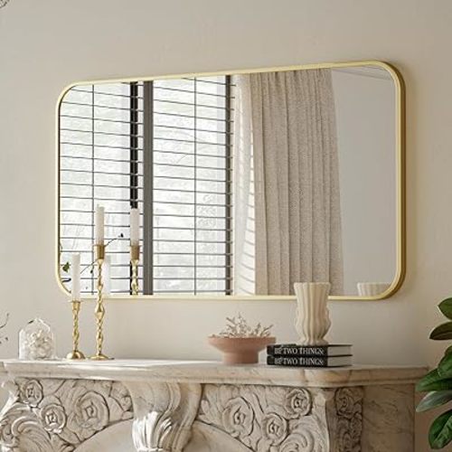 BEAUTYPEAK 30" x 48" Gold Metal Frame Rectangle Vanity Mirror with Rounded Corners, Wall Mounted Bathroom Mirror for Farmhouse, Restroom, Entryway, Horizontal or Vertical Hanging