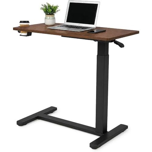Xmart Medical Adjustable Overbed Bedside Table with Wheels Pneumatic Mobile Standing Laptop Desk Hospital and Home Use Rolling Computer Cart Movable Bed Table (36 x 68 cm, Walnut)