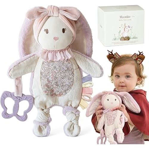 Moonkie Baby Lovey with Silicone Teether, Bunny Security Blanket with Textured Ribbons, Crinkle Toys, Soft Minky Velour & Natural Cotton, Newborn Girl Gift for Baby Shower or Birthday