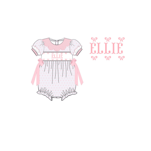 Pre-Order Custom Name Smocked Pink Swiss Dot Gingham Scalloped Bubble