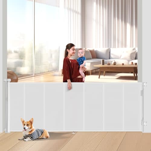 Miumoon 120 inch Retractable Baby Gates 42 inch Tall, Retractable Gate with Reinforced Strip Design to Prevent Crawling Through, 10 FT Extra Wide Retractable Dog Gate for Indoor/Outdoor