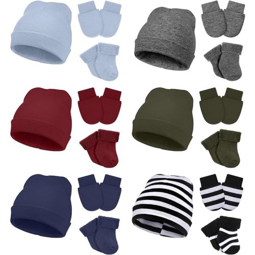 Toulite 6 Pack Preemie Newborn Hats Mittens and Socks Set Cotton Beanie Hats Socks and No Scratch Mittens(Preemie,Striped Style,Dark Color)
