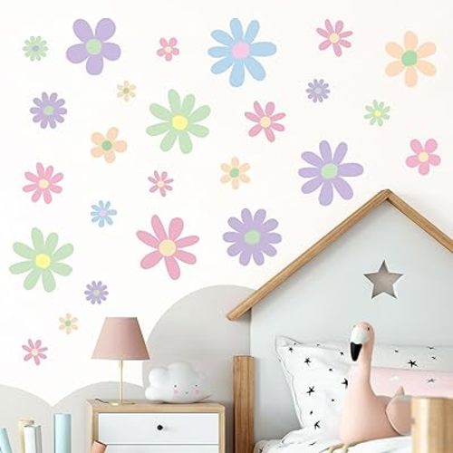12 Sheets Daisy Wall Decals Boho Flower Wall Stickers Cute Kids Girls Room Decor Peel and Stick Floral Decals Toddler Nursery Playroom Living Room Bedroom Classroom Retro Hippie Decor Pastel Style