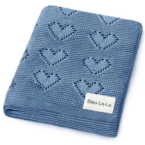 Heirloom Knit Heart Receiving Unisex Blanket for Boys - 100% Luxury Cotton Baby Blanket - Soft Warm Swaddle Crib Receiving Blanket for Newborns Infants & Toddlers (Denim Blue)