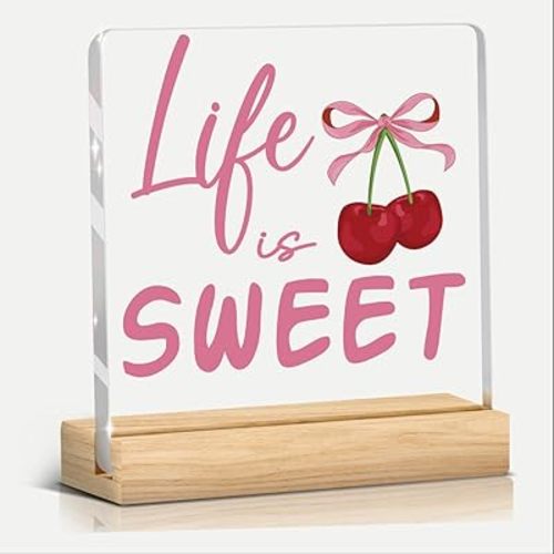 Cherry Decor Pink Cherry Bow Preppy Room Bathroom Kitchen Office Home Desk Decor Cherry Themed Party Birthday Decorations Gifts for Women Acrylic Sign