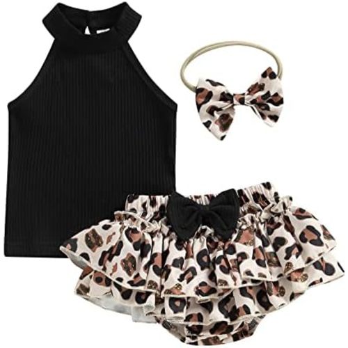 Baby Girl 3Pcs Summer Outfits, Sleeveless Halter Tops+Leopard Print Ruffle Shorts +Headband 3pcs Cheetach Set