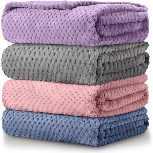 Reginary 4 Pack Fuzzy Blanket 30 x 40'' Waffle Flannel Baby Throw Blankets Warm Nursery & Crib Blankets for Girl & Boy Newborn Infant (Purple, Pink, Gray, Blue)
