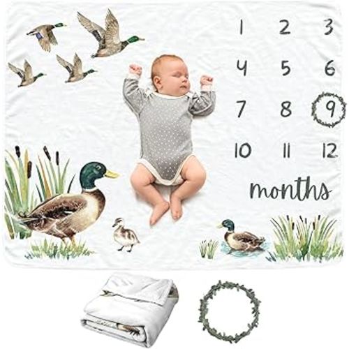 Mallard Duck Baby Monthly Blanket for Boy & Girls, Newborn Month Blanket, Soft Flannel Photography Background Prop, Personalized Shower Gift, Mallard Duck