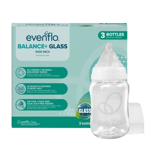 Evenflo 3pk Balance Wide-Neck Anti-Colic Baby Bottles Glass - 6oz: BPA-Free, Level 1 Slow Flow, 3-Pack